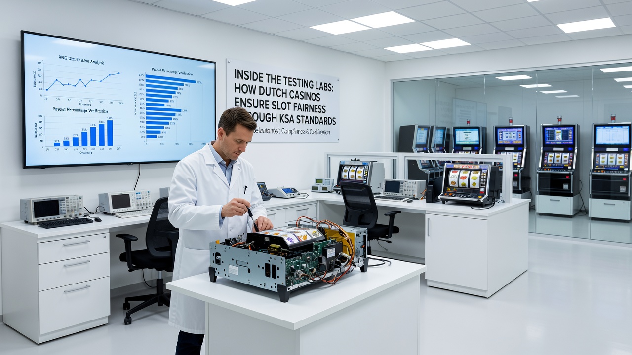 Technici die slotsoftware evalueren in een gecontroleerde laboratoriumomgeving met focus op KSA-compliance